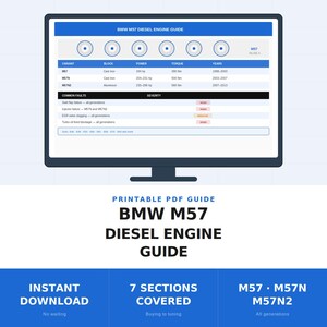 May include: A digital display showing a BMW M57 Diesel Engine Guide with a table listing variants, block types, power, torque, and years. Below the screen, text reads Printable PDF Guide, BMW M57 Diesel Engine Guide, Instant Download, 7 Sections Covered, and M57, M57N, M57N2.