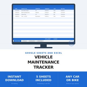 May include: A digital vehicle maintenance tracker for Google Sheets and Excel displayed on a monitor. The interface shows a service history table with columns for date, service type, workshop, odometer in km, cost, and next due date, totaling $1,345.