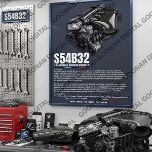 May include: A framed technical poster featuring a detailed illustration of an S54B32 engine, including descriptive text and specifications. The poster is displayed near a pegboard with hanging wrenches and a red tool chest in a workshop setting.