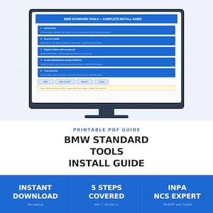 以下が含まれることがあります： BMW Standard Toolsの完全インストールガイドを表示するデジタル画面。INPA、NCS Expert、WinKFP、Tool32ソフトウェアを含む5つの番号付きステップが記載されています。テキストには、ファイルのダウンロード、インストーラーの実行、フォルダーの置き換え、ドライバーのセットアップ、車両テストの手順が示されています。