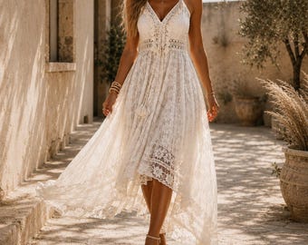 Vestido largo de encaje con escote en V para mujer / Vestido de playa bohemio con aberturas / Vestido de verano elegante y fluido / Vestido de playa sin mangas