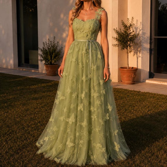 boho garden party dress Green Tulle Floral Embroidered Maxi | Corset Wedding Guest Dress | Dress | Green Dress Women | Bohemian Summer Dress garden party chic attire