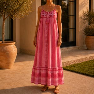 Abito lungo in maglia stile boho / Abito estivo rosa con stampa geometrica / Abito da vacanza boho vintage / Abito midi con spalline da donna / Abito estivo boho
