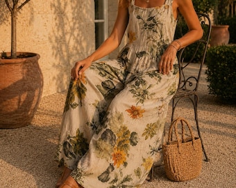 Combinaison ample fleurie Femme | Salopette bohème sans manches | Tenue décontractée pour les vacances d'été | Combishort ample avec poches | Combinaison de vacances