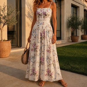Floral Corset Maxi Dress | Bustier Wedding Guest Dress | Cottagecore Cami Dress | Floral Bridal Bridesmaid Dress | Romantic A-Line Dress