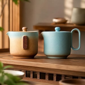 Handmade Ceramic Teapot Set | Wabi Sabi Coffeepot with Wooden Handle | Minimalist Stoneware Tea Maker | Unique Housewarming Gift
