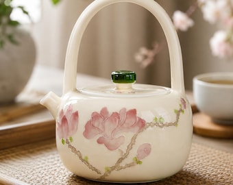 Handgemaakte keramische theepot met handvat • Schattige roze perzikbloesem theepot • Unieke oosterse zentheemaker • Cadeau voor theeliefhebbers