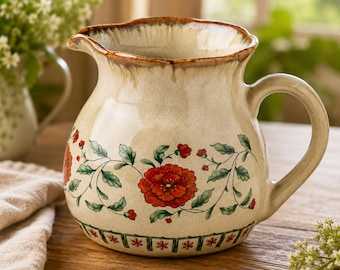 Bule de chá artesanal em cerâmica com estampa floral | Jarra de cerâmica vermelha estilo vintage com flores, decoração de cozinha estilo casa de campo, chaleira para servir chá em estilo rústico