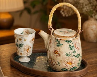Handmade Floral Ceramic Teapot with Bamboo Handle | Vintage Peony Tea Set, Japanese Style Pottery Kettle, Cottagecore Tea Lover Gift
