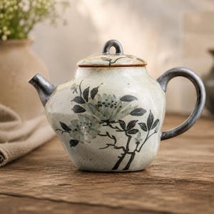 Hand-Painted Floral Stoneware Teapot Wabi-Sabi Tea Kettle Nature Gift