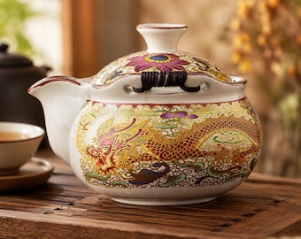 Bule de cerâmica artesanal com dragão imperial | Bule de luxo em porcelana esmaltada com alça lateral | Utensílios de chá vintage em estilo chinês | Presente asiático para casa