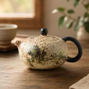 Ręcznie robiony ceramiczny czajniczek, czajniczek z nakrapianej ceramiki, kamionka w stylu vintage, ręcznie malowany motyw piwonii, prezent na herbatę, wystrój azjatycki