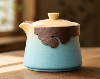 Handgefertigte Keramik Teekanne mit Holzgriff | Japanischer Zen-Teekocher | Blauer Farbverlauf Steingut Gongfu Teetasse | Einzigartiges Tee-Liebhaber-Geschenk