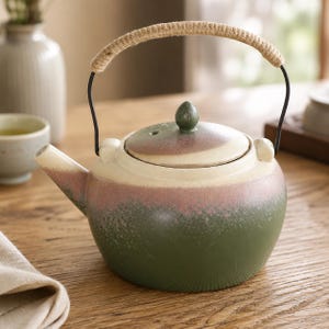 Japanische Keramik Teekanne mit Rattan Griff | Vintage Wabi Sabi Ton Teekanne | Handgemachte Zen-Keramik, erdiges rustikales Gongfu-Tee-Hersteller-Geschenk