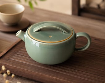 Handmade Celadon Teapot | Ceramic Zen Tea Pot with Lid | Wabi Sabi Kung Fu Tea Set Oriental Kitchenware Tea Lover Gift Housewarming