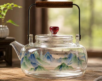 Handpainted Mountain Glass Teapot with Wooden Handle | Chinese Shanshui Landscape Tea Kettle | Aesthetic Teaware Gift for Tea Lover