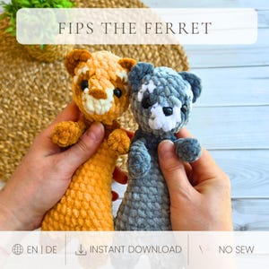 May include: Two plush ferret toys made of soft, textured yarn. One ferret is golden-brown with a white muzzle and black eyes, while the other is grey with a white muzzle and black eyes. The text FIPS THE FERRET is visible at the top.