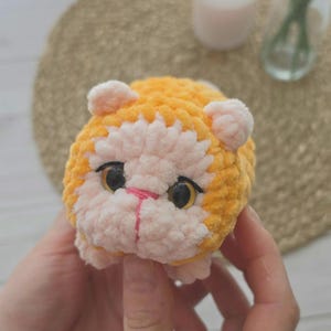May include: A small, round, crocheted plush toy shaped like a cat. The body is made of soft, textured orange yarn, while the face is light pink. It features two large, dark, glossy eyes with amber highlights and a small, stitched pink nose.