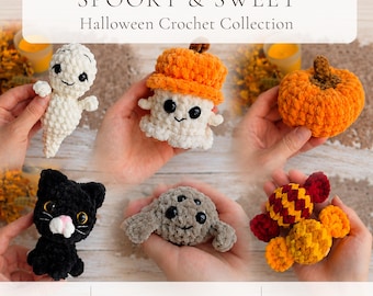 Halloween Crochet Pattern 5 in 1, Cute Amigurumi PDF, Ghost Pumpkin Spider Black Cat Crochet Patterns + Bonus