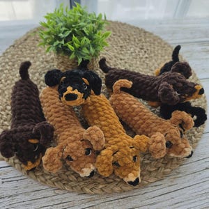 May include: A collection of five handmade crochet dachshund toys featuring soft, textured yarn in various shades of brown and black. Each plush dog has floppy ears, a long body, and small dark eyes, arranged in a group with a small green plant.