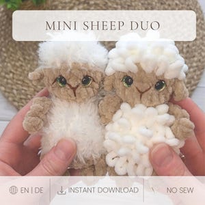 May include: Two small plush sheep toys, one with fluffy white fur and the other with textured white loops, both featuring tan faces and green glittery eyes. The image includes the text MINI SHEEP DUO, EN | DE, INSTANT DOWNLOAD, and NO SEW.