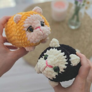 May include: Two round, plush, crocheted cat toys. One toy is bright orange with a light pink face and dark eyes. The second toy is black with a white face and green eyes. Both toys feature small ears and a stitched pink nose and mouth detail.