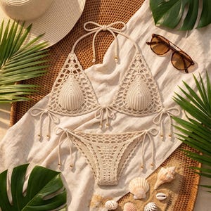 May include: A beige crochet bikini set featuring a triangle top with halter neck ties and matching side-tie bottoms. The garment is crafted with an intricate openwork pattern and finished with small gold-toned beads at the ends of the strings.