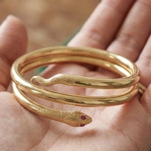 18K Solid Gold Serpent Bangle with Ruby Eyes, Luxury Animal Statement Bracelet