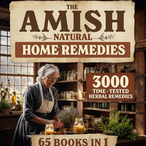 Puede incluir: Una portada de libro titulada The Amish Natural Home Remedies de Sarah Esh Miller. Presenta una ilustración de una persona con cofia y delantal blancos trabajando con hierbas y frascos. Texto: 3000 Time-Tested Herbal Remedies y 65 Books in 1.