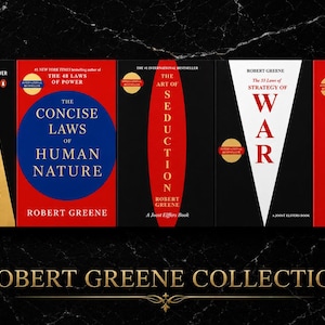 May include: A collection of five books by Robert Greene titled Mastery, The Concise Laws of Human Nature, The Art of Seduction, The 33 Laws of Strategy of War, and The 48 Laws of Power, arranged horizontally with the text Robert Greene Collection below.