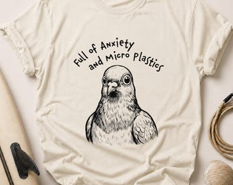 Anxiety Pigeon T-Shirt, Microplastics Awareness Graphic Tee, Dark Humor Bird Shirt