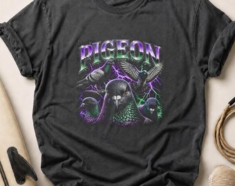 Pigeon Graphic Tee, Faux Chrome Y2K Streetwear Top