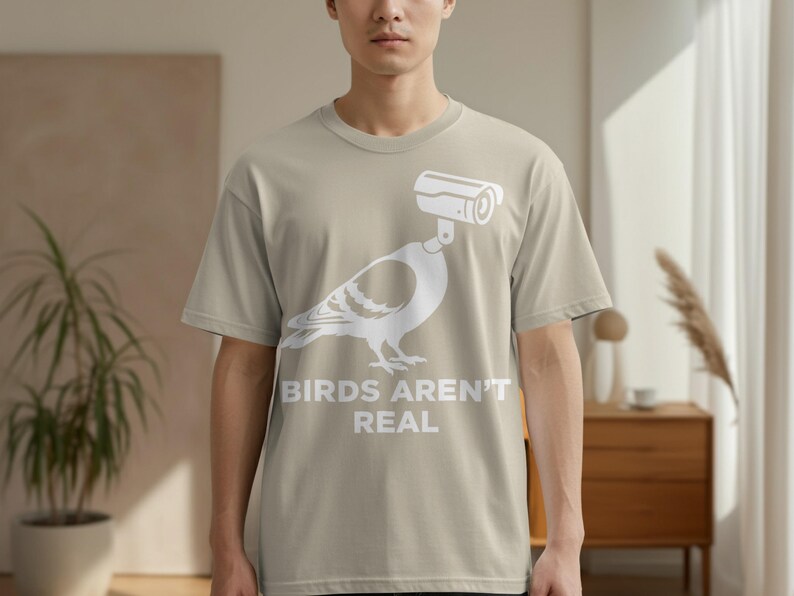 T-shirt with pigeon graphic and text "BIRDS AREN'T REAL".