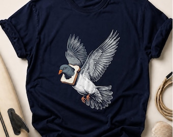 Funny Pigeon With Bread T-Shirt | Whimsical Flying Bird Graphic Top