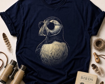 Cool Puffin T-Shirt with Faux Gold Aviator Sunglasses Print, Vintage Engraved Bird Graphic Tee, Unique Coastal Animal Lover Gift