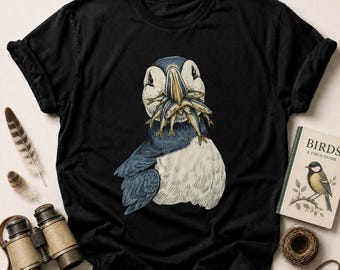 Puffin Bird T-Shirt with Fish Art Print | Ocean Wildlife Graphic Tee for Nature Lovers | Coastal Block Print Style