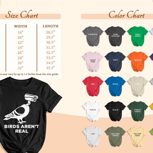 T-shirt size and color charts with "BIRDS AREN'T REAL" slogan.