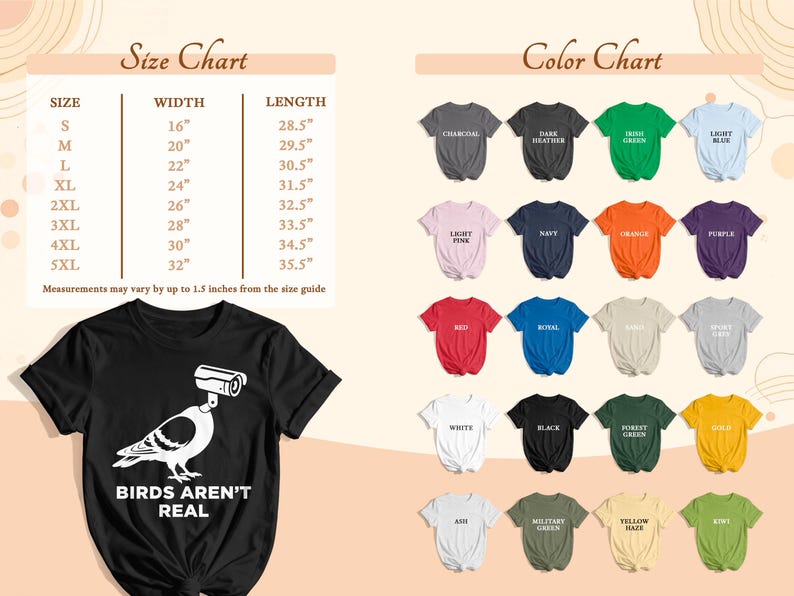 T-shirt size and color charts with "BIRDS AREN'T REAL" slogan.