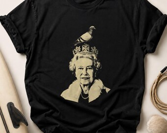 Queen Elizabeth Pigeon Crown T-Shirt | Royal British Monarch Art Tee | Anglophile Historical UK Souvenir