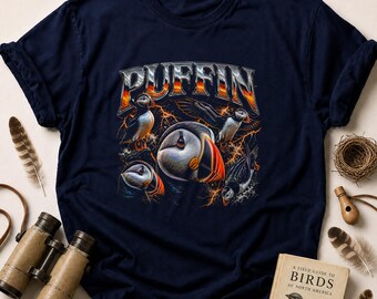 Edgy Puffin T-Shirt, Unique Wildlife Bird Graphic Tee, Fantasy Animal Print Coastal Bird Lover Gift, Oceanic Puffins Apparel