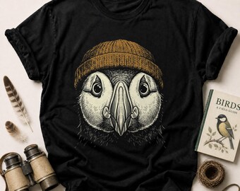 Hipster Owl Beanie T-Shirt, Whimsical Bird Graphic Tee, Cozy Woodland Animal Top, Unique Nature Lover Gift for Him Her