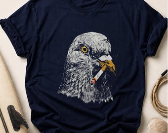 Smoking Pigeon T-Shirt, Edgy Street Art Bird Graphic Tee, Unique Urban Grunge Apparel, Quirky Gift for Him Her