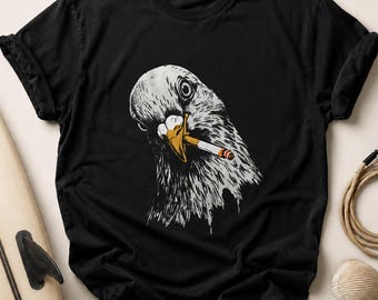 Smoking Pigeon T-Shirt, Edgy Bird with Cigarette Graphic Tee, Street Art Style Urban Fashion, Unique Indie Alt Apparel Gift
