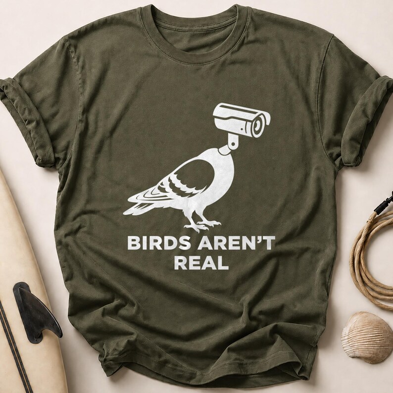 Olive green t-shirt with "BIRDS AREN'T REAL" text and a pigeon with a camera.