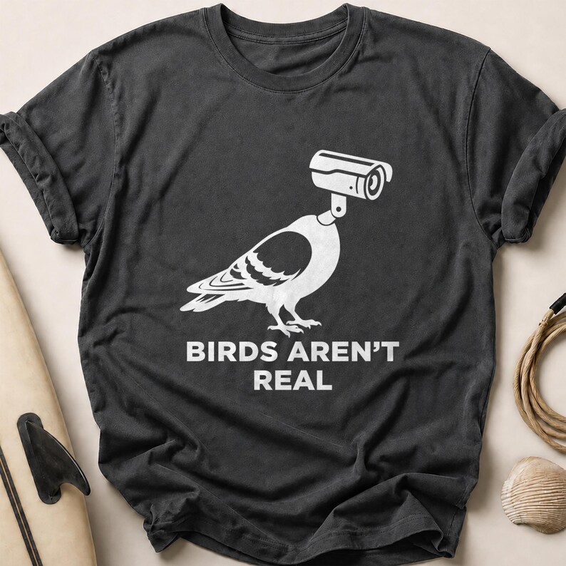 Dark gray t-shirt with "BIRDS AREN'T REAL" and a pigeon with a camera head.