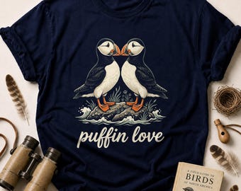 Puffin Love T-Shirt, Adorable Vintage Coastal Bird Graphic Tee, Ocean Animal Lover Shirt, Cute Couple Gift Idea