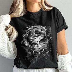 Gothic Moon Bat T-Shirt, Witchy Celestial Graphic Tee, Dark Academia Style Top