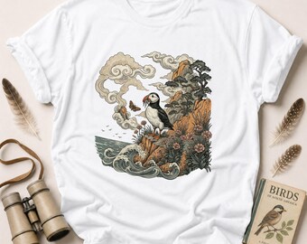 Japanese Puffin Art T-Shirt, Ukiyo-e Ocean Wave Graphic Tee, Coastal Bird Lover Nature Aesthetic Shirt, Unique Wildlife Gift