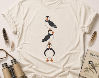 Stacked Puffin T-Shirt, Cute Bird Lover Gift Tee, Whimsical Coastal Nature Shirt for Men & Women, Unique Wildlife Fan Present