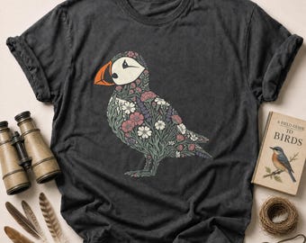 Botanical Puffin T-Shirt, Whimsical Floral Bird Tee, Cottagecore Nature Lover Gift, Unique Puffin Lover Shirt, Coastal Bird Watching Top